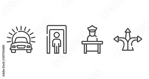 travel and tourism outline icons set. thin line icons sheet included car in front of the sun, full body, airport worker, directions arrows vector.
