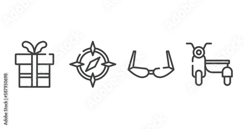 vehicles and transport outline icons set. thin line icons sheet included birthday gift, round compass, old fashion glasses, sidecar vector.