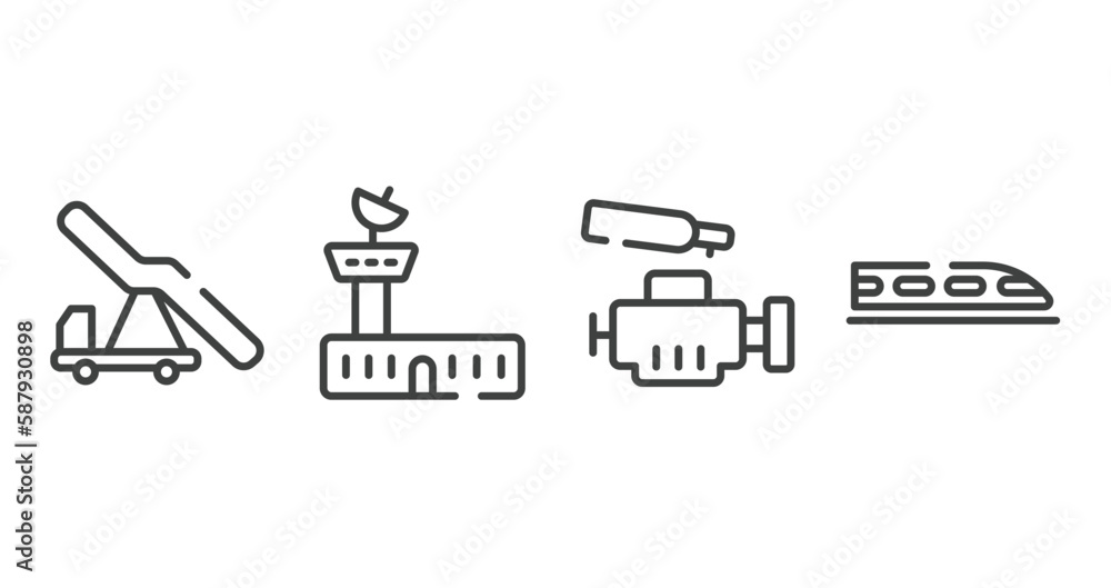 public transportation outline icons set. thin line icons sheet included aircraft stairs, air traffic controller, car engine, hyperloop vector. public transportation outline icons set. thin line icons sheet included aircraft stairs, air traffic controller, car engine, hyperloop vector.