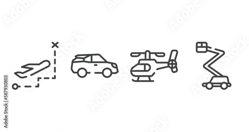 transporters outline icons set. thin line icons sheet included direct flight, electric car side view, helicopter side view, aerial lift vector.