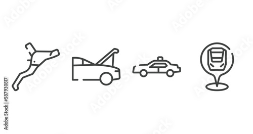 train station outline icons set. thin line icons sheet included brakes, hood open, police car side view, checkpoint vector.