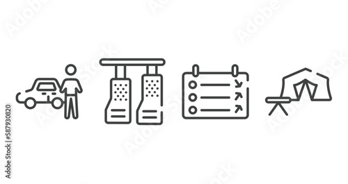 road trip outline icons set. thin line icons sheet included authorized dealer, car pedals, departure, campsite vector.