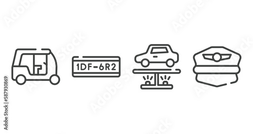 airport outline icons set. thin line icons sheet included null, license plate, undercarriage, pilot hat vector.