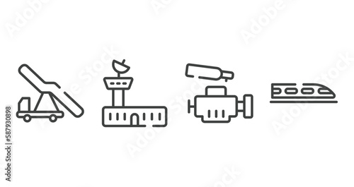 public transportation outline icons set. thin line icons sheet included aircraft stairs, air traffic controller, car engine, hyperloop vector.