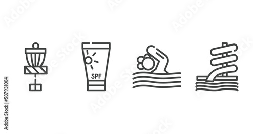 summer outline icons set. thin line icons sheet included disc golf, sunscreen, swimming person, aqua park vector.