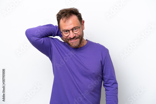 Middle age caucasian man isolated on white background laughing