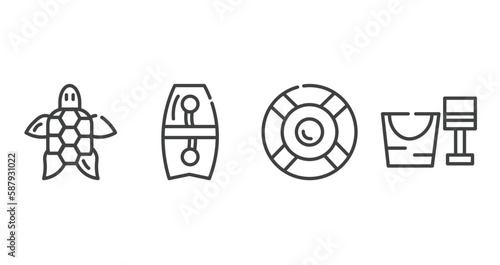 summer outline icons set. thin line icons sheet included sea turtle, bodyboard, rubber ring, sand bucket and shovel vector.
