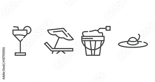 summer outline icons set. thin line icons sheet included refreshing cold drink, beach chair, sand bucket, summer hat vector.