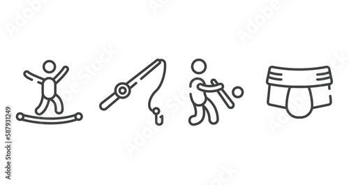 martial arts outline icons set. thin line icons sheet included highlining, fishing line, batter, jockstrap vector.
