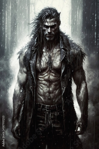 portrait of an aggressive male werewolf in a dark forest. Generative AI illustration