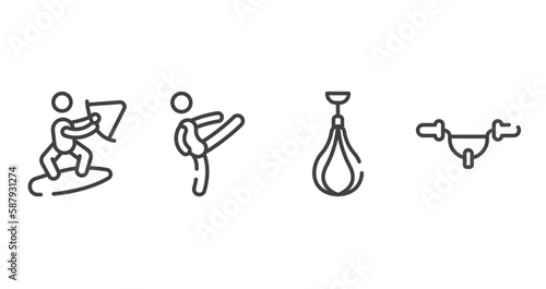 bicycle outline icons set. thin line icons sheet included wakeboarding, master, speed bag, handlebar vector.