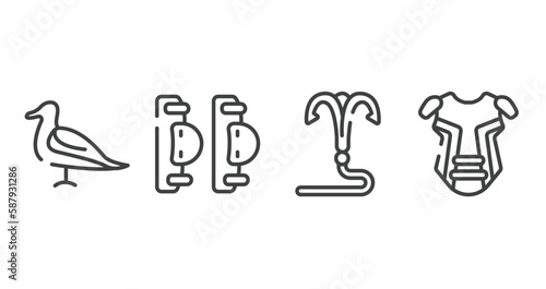 baseball outline icons set. thin line icons sheet included seagulls, elbow pads, grappling hook, chest guard vector.