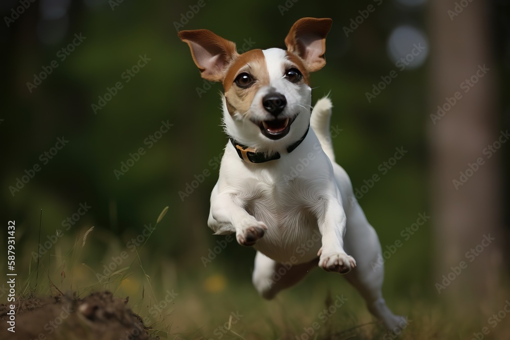 A playful and energetic Jack Russell Terrier jumping for a toy, showing off its playful and energetic nature. Generative AI