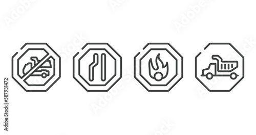 health and safety outline icons set. thin line icons sheet included no trucks, lane, oxidant, heavy hinery vector.