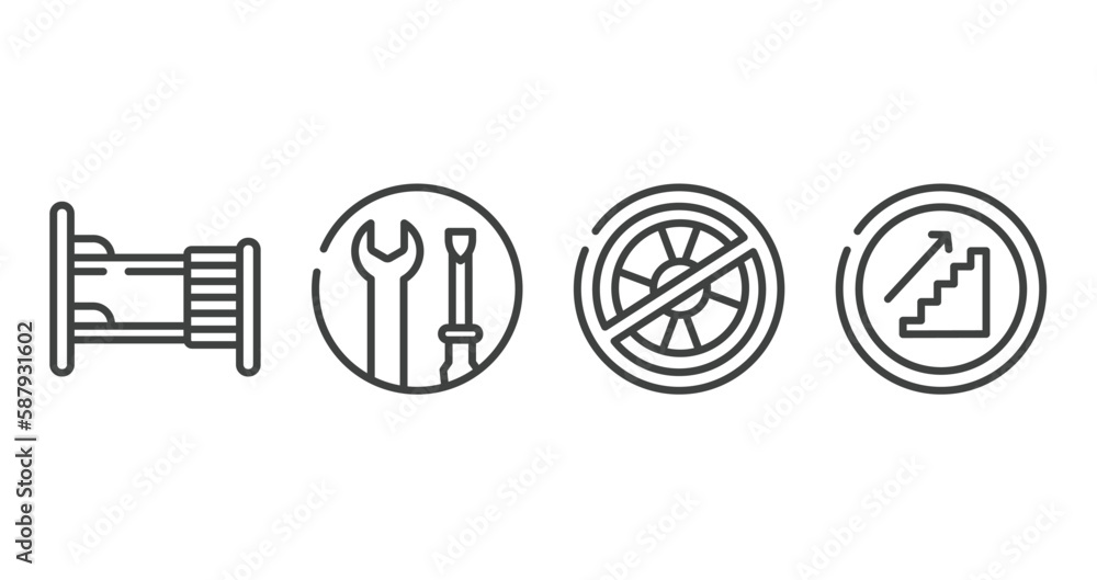 Obraz premium indications outline icons set. thin line icons sheet included dormitory, wrench and screwdriver, no lifeguard, upstairs vector.
