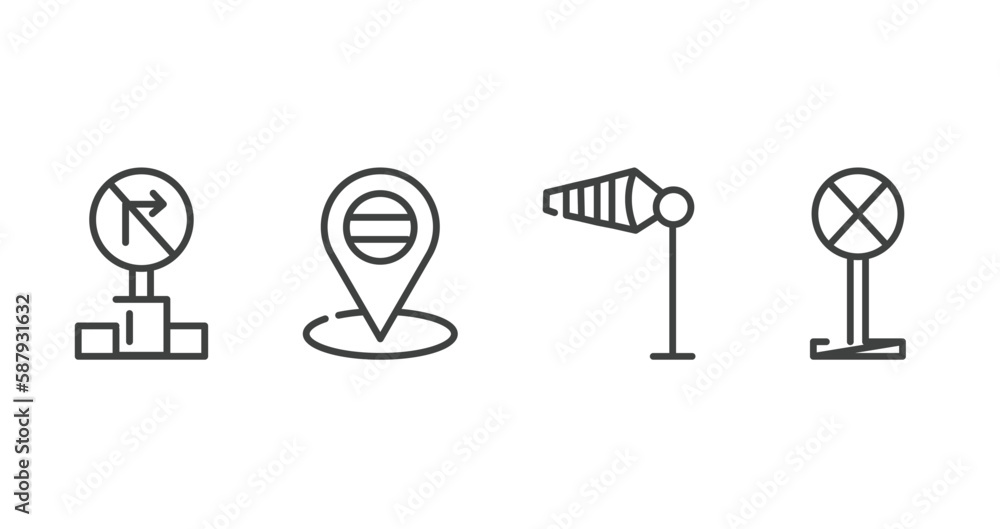 parking outline icons set. thin line icons sheet included no turn right, placeholder point, wind flag, no stopping vector. parking outline icons set. thin line icons sheet included no turn right, placeholder point, wind flag, no stopping vector.