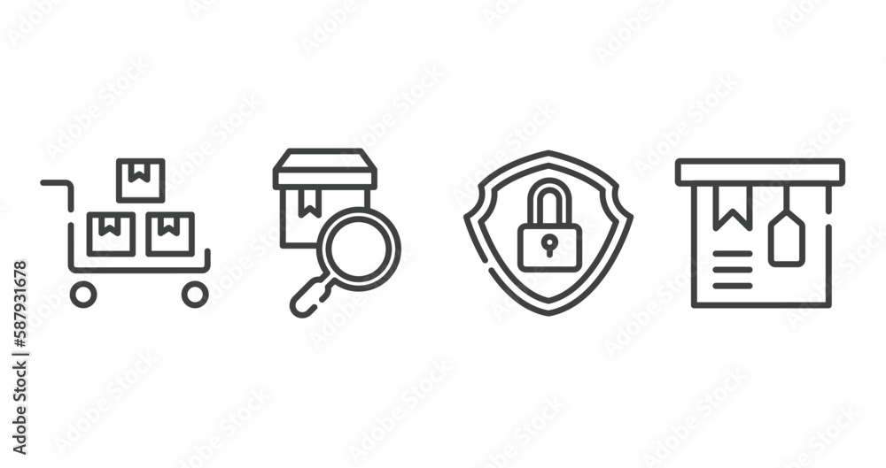 lineal logistic outline icons set. thin line icons sheet included package on trolley, checking, security, tagged package vector. lineal logistic outline icons set. thin line icons sheet included package on trolley, checking, security, tagged package vector.