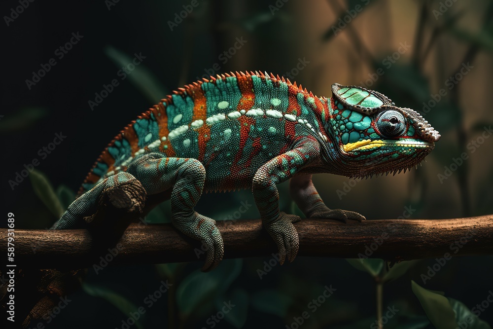 A colorful and exotic Chameleon perched on a branch - This Chameleon is perched on a branch. Generative AI A colorful and exotic Chameleon perched on a branch - This Chameleon is perched on a branch. Generative AI