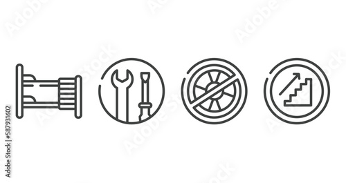 indications outline icons set. thin line icons sheet included dormitory, wrench and screwdriver, no lifeguard, upstairs vector.