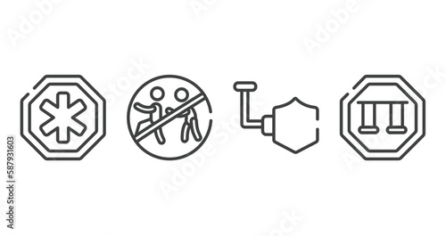 indications outline icons set. thin line icons sheet included phary, chasing prohibited, shield, swings vector.