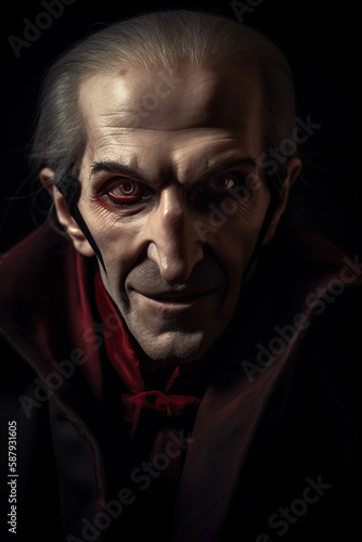 portrait of old frightening vampire man count dracula demon. Generative AI illustration