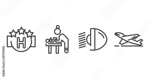 airport outline icons set. thin line icons sheet included square hotel, baby changer, car light, take off vector.