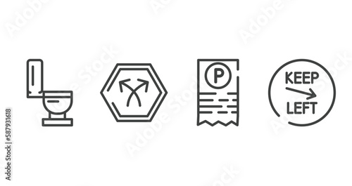 us road signs outline icons set. thin line icons sheet included toilet side view, bifurcation, parking ticket, keep left vector.