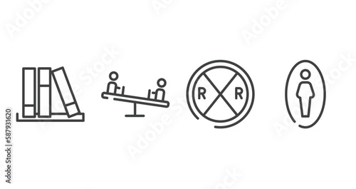 public services fill outline icons set. thin line icons sheet included three books, children on teeter totter, railroad crossing, men toilet vector.