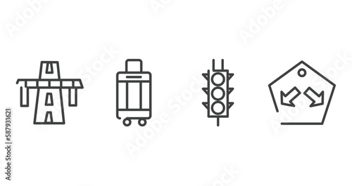 us road signs outline icons set. thin line icons sheet included bridge on avenue perspective, hand luggage, semaphore traffic lights, keep in lane vector.