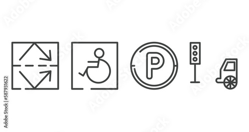 signals set outline icons set. thin line icons sheet included reflective, handicapped, parking hexagonal, car traffic vector.