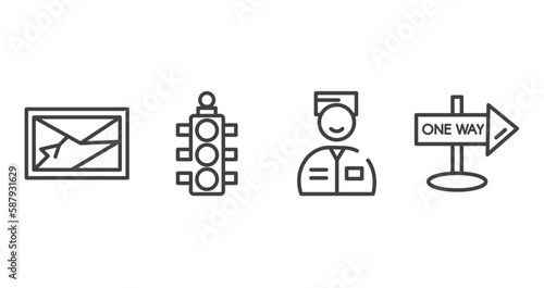 signals set outline icons set. thin line icons sheet included navigator, semaphore light, valet, one way street vector.