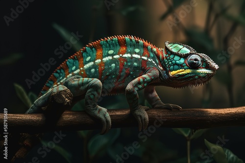 A colorful and exotic Chameleon perched on a branch - This Chameleon is perched on a branch. Generative AI © create
