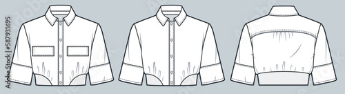 Set of Cropped Shirt technical fashion Illustration. Short Sleeve Shirt fashion flat technical drawing template, button-up, ribbed bottom, front and back view, white, women, men, unisex CAD mockup set