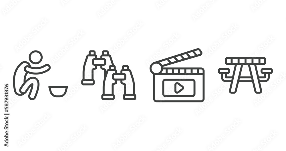 general outline icons set. thin line icons sheet included poor, pair of binoculars, fragments, picnic table with basket vector. general outline icons set. thin line icons sheet included poor, pair of binoculars, fragments, picnic table with basket vector.