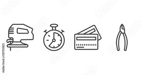 general outline icons set. thin line icons sheet included fretsaw, analog stopwatch, credit cards, nippers vector.