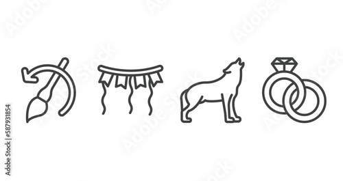 general outline icons set. thin line icons sheet included brush history, party decoration, wolf howling, interlocking rings vector.