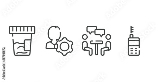 general outline icons set. thin line icons sheet included urine test, user behavior, job interview, laser measurement vector.