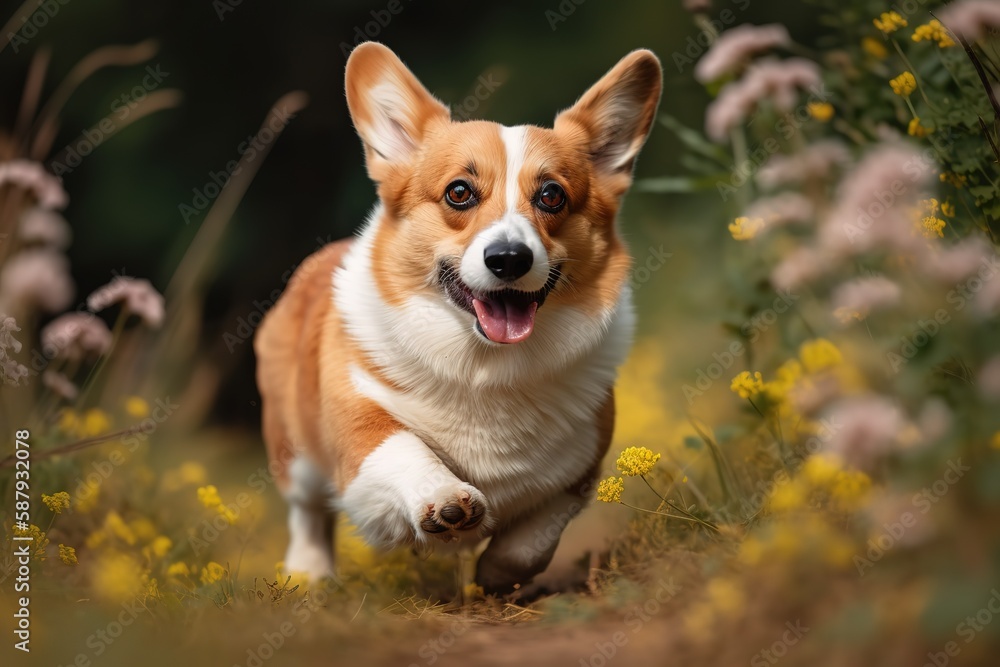 A playful and friendly Welsh Corgi running in a field, showing off its playful and friendly nature. Generative AI