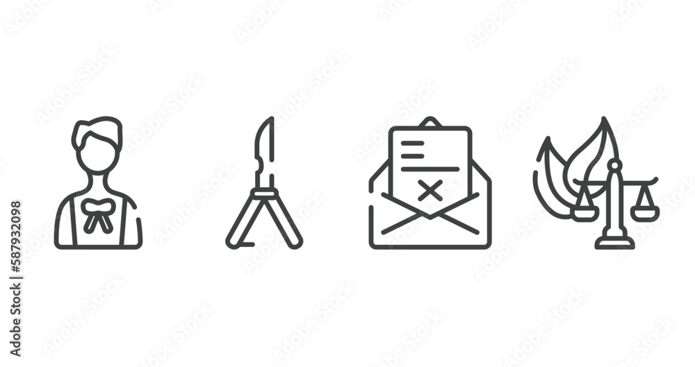 law and justice outline icons set. thin line icons sheet included advocate, butterfly knife, crime letter, environmental law vector. law and justice outline icons set. thin line icons sheet included advocate, butterfly knife, crime letter, environmental law vector.