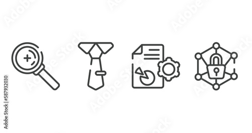 marketing and seo outline icons set. thin line icons sheet included zoom or search, big tie, seo report, private network vector.