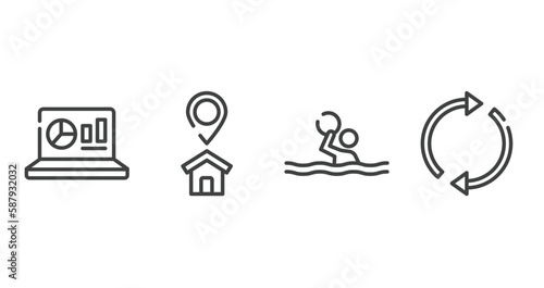 business pack outline icons set. thin line icons sheet included statistics on screen, home address, waterpolo, arrow circle vector.