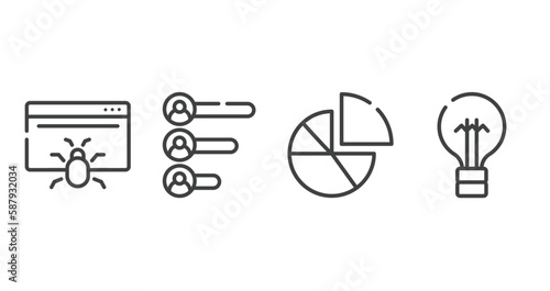 business pack outline icons set. thin line icons sheet included web crawler, voting results, diagrams, black lightbulb vector.