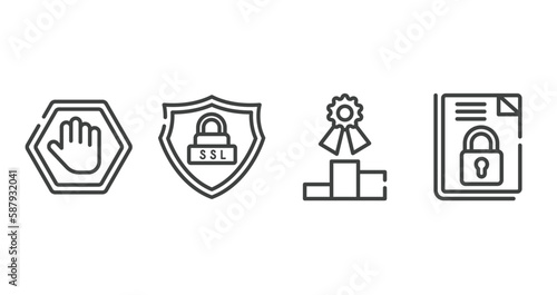 analytics outline icons set. thin line icons sheet included ad blocker, ssl, competitive, encrpyted file vector.