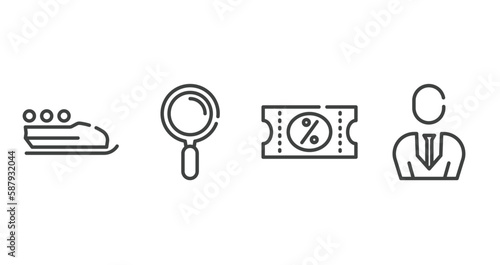 business pack outline icons set. thin line icons sheet included bobsleigh, magnifier tool, discount voucher, businessman with tie vector.