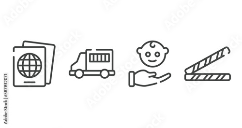 law and justice outline icons set. thin line icons sheet included immigration, prisoner transport vehicle, child custody, police line vector.