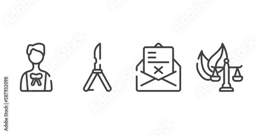 law and justice outline icons set. thin line icons sheet included advocate, butterfly knife, crime letter, environmental law vector.