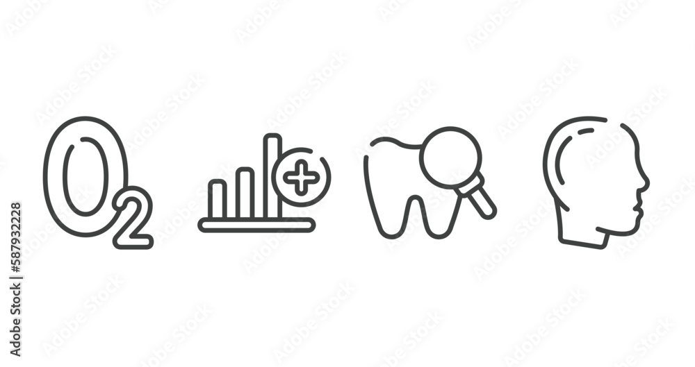 body parts outline icons set. thin line icons sheet included oxygen, bar graph with a cross, zoom on tooth, male with bald hair side view vector. body parts outline icons set. thin line icons sheet included oxygen, bar graph with a cross, zoom on tooth, male with bald hair side view vector.