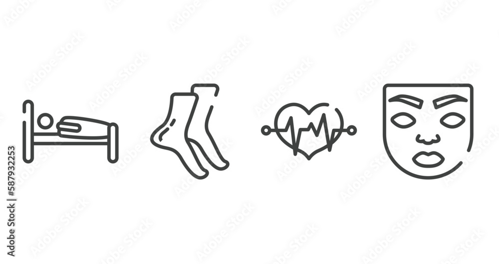 body parts outline icons set. thin line icons sheet included human sleeping on bed, tiptoe feet, lifeline in a heart, face of a woman vector. body parts outline icons set. thin line icons sheet included human sleeping on bed, tiptoe feet, lifeline in a heart, face of a woman vector.
