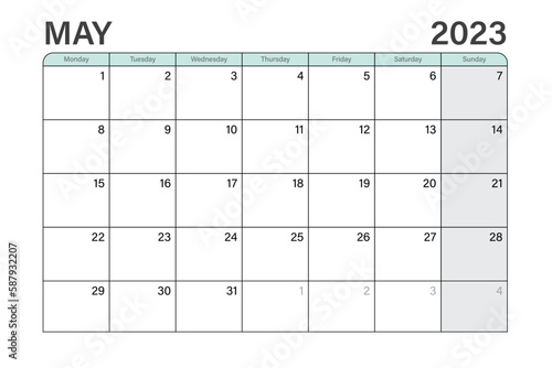 2023 May illustration vector desk calendar or planner weeks start on Monday in light green and gray theme