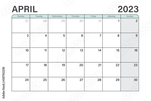 2023 April illustration vector desk calendar or planner weeks start on Monday in light green and gray theme